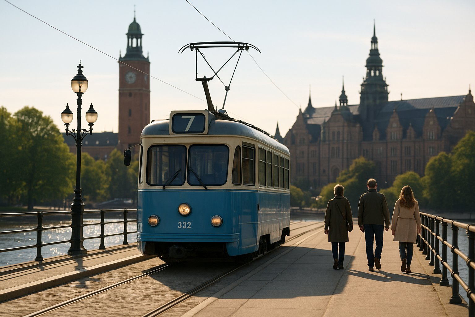 Straßenbahn 7 überquert Djurgårdsbron in Richtung Djurgården im Morgenlicht, das Wasser glitzert darunter und Museumsbesucher gehen voraus