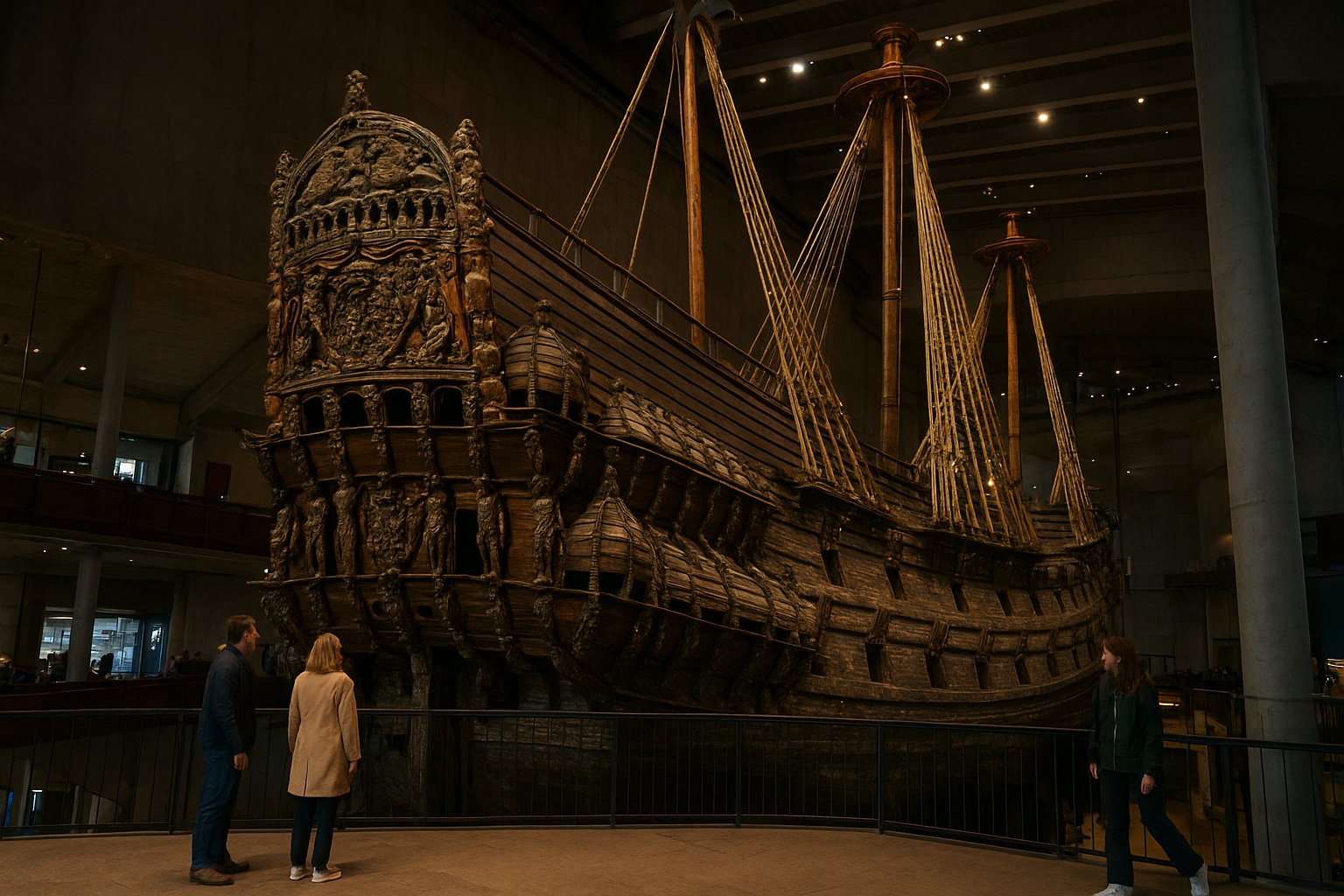 Der konservierte Schiffsrumpf des Vasa-Museums in einer großen, dunklen Halle, geschnitztes Heck und hoch aufragende Masten unter weichem Museumslicht