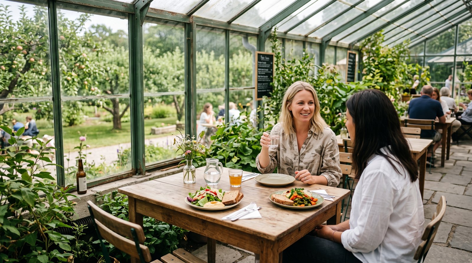 Sitzgelegenheiten im Gewächshauscafé von Rosendals Trädgård mit Mittagessen, Gras im Obstgarten draußen und weichem Sommerlicht, das durch Glas fällt