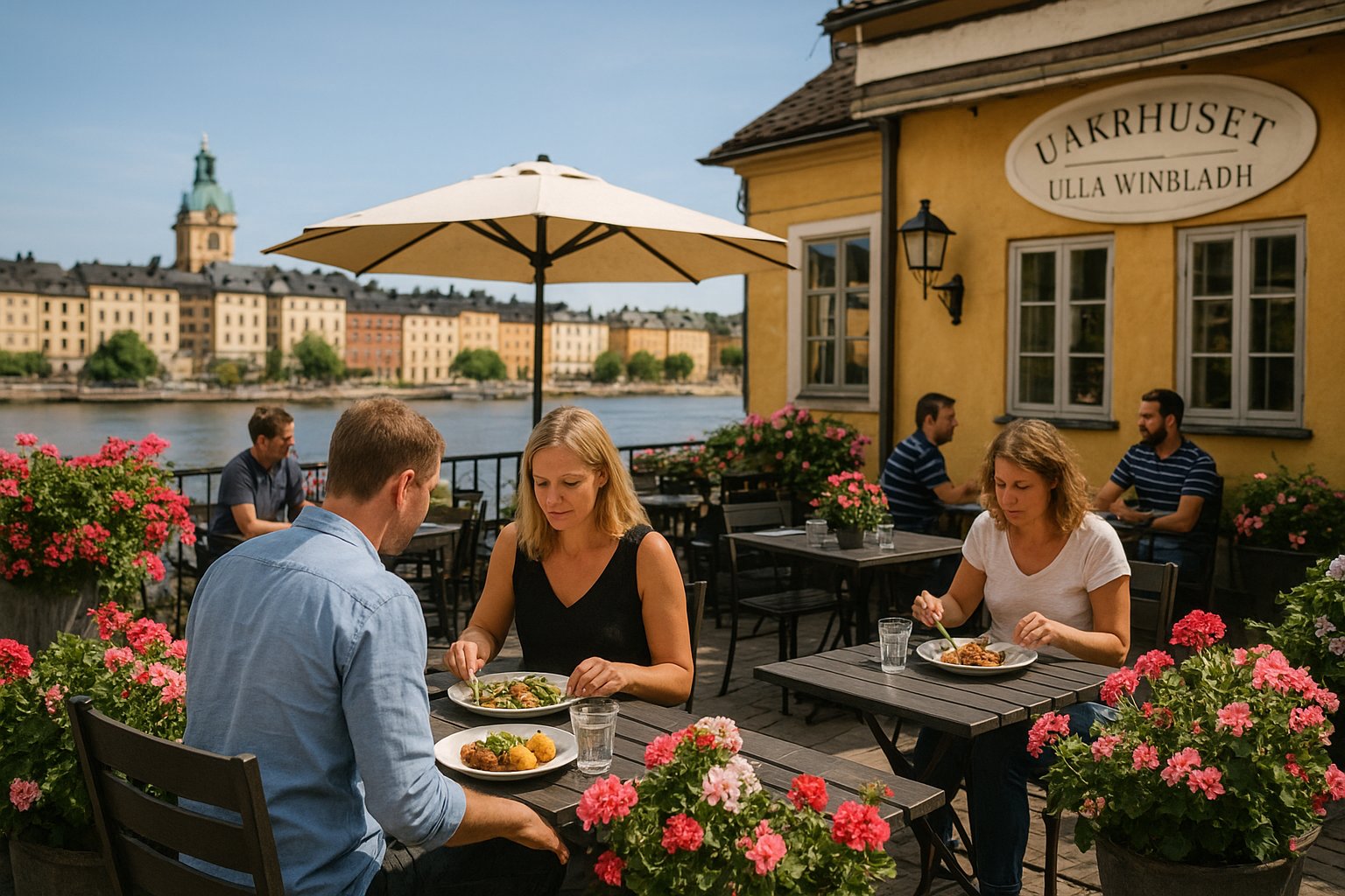Terrasse des Wärdshuset Ulla Winbladh im Sommer mit blumengeschmückten Tischen und traditionellen schwedischen Mittagsgerichten