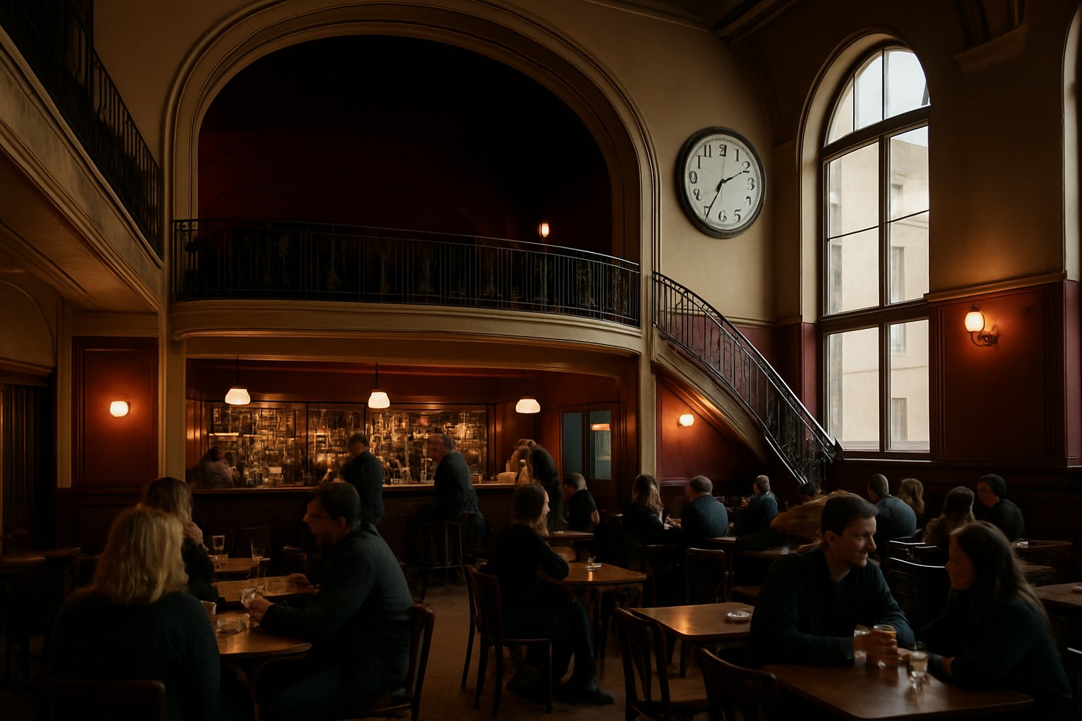 Paraden Kvarterskrog & Barservering in Gärdet, Stockholm, showing the former cinema interior with balcony seating and warm evening bar light