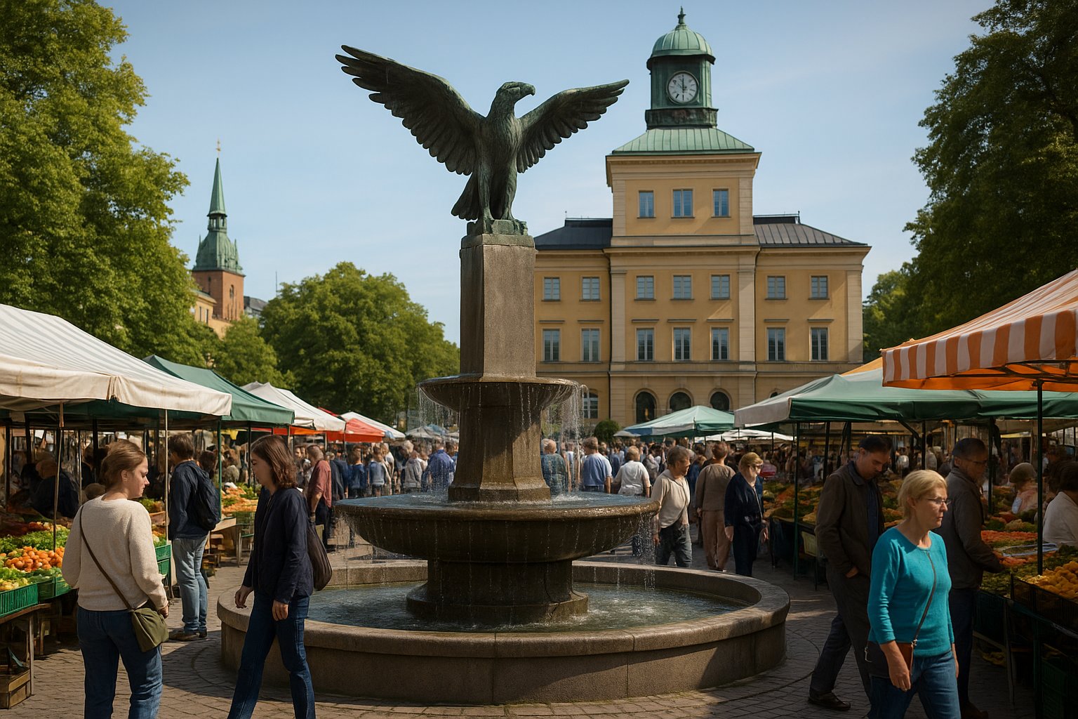 Karlaplan in Gärdet, Stockholm, with the central fountain and Carl Milles’ bronze eagle sculpture framed by a Saturday market atmosphere