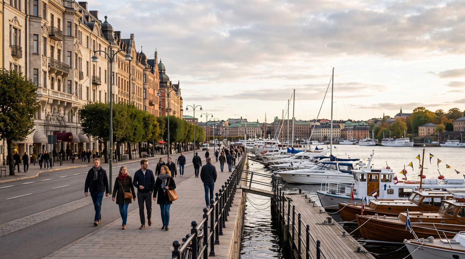Strandvägen’s harbour boulevard with 19th-century mansions on one side and moored boats on the other in late-afternoon light
