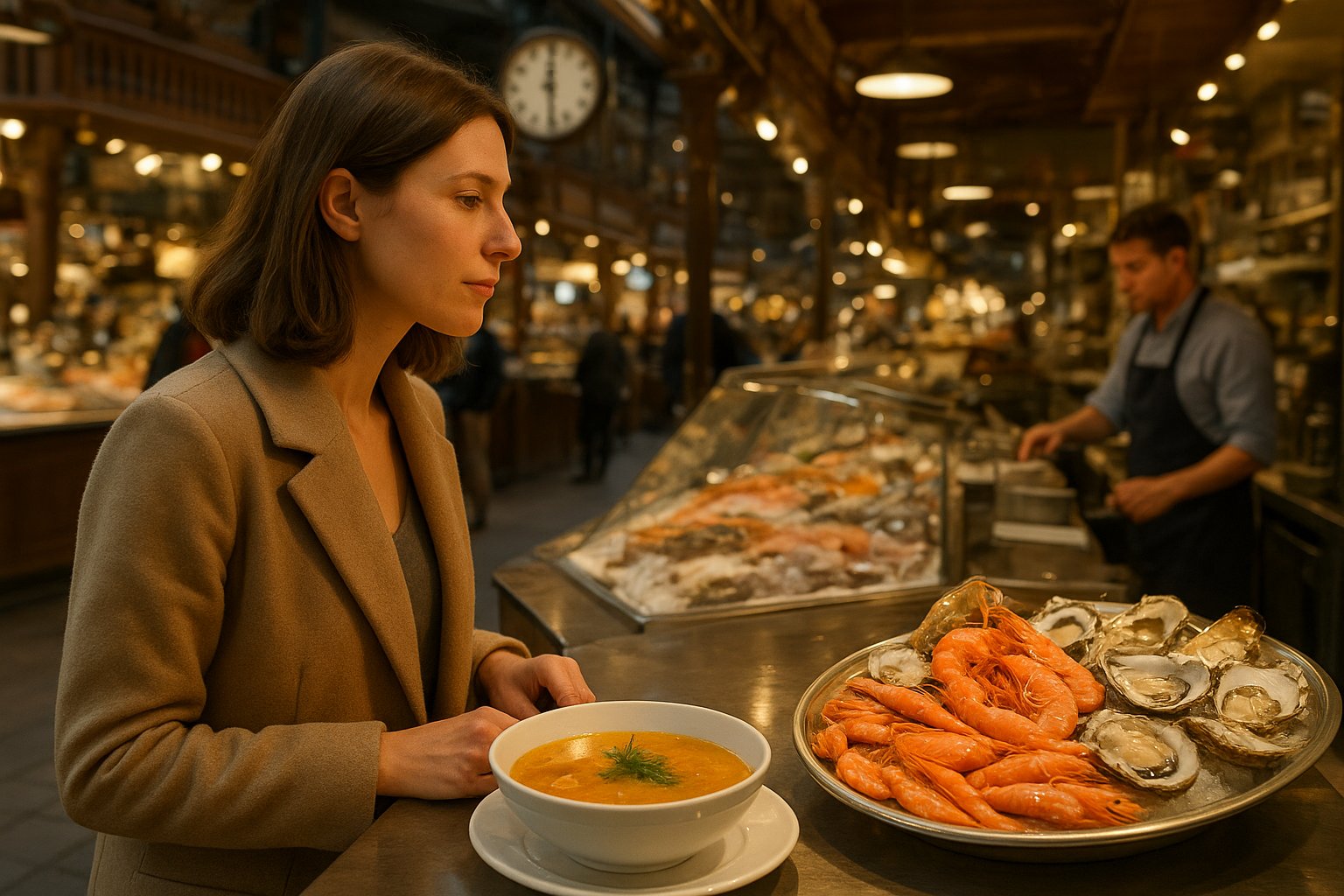 Lisa Elmqvist inside Östermalms Saluhall, with a seafood counter, plated fish soup and shellfish platters under warm market lighting