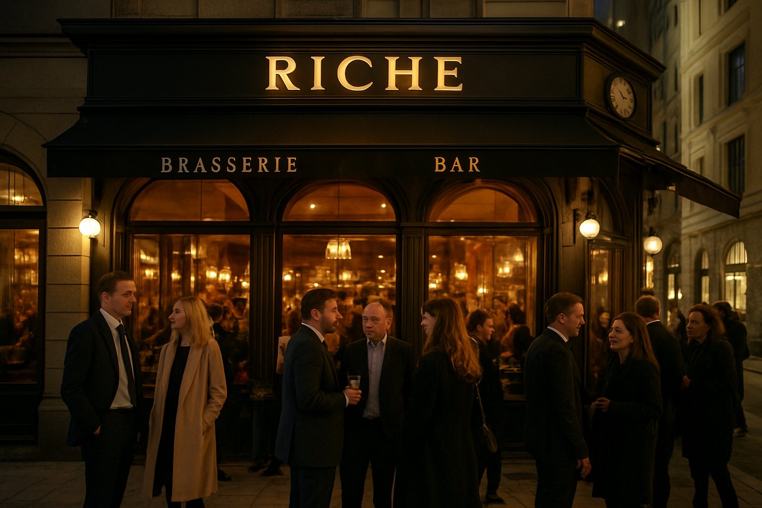 Riche on Birger Jarlsgatan at night, with a crowded brasserie bar, warm windows and well-dressed guests gathered outside