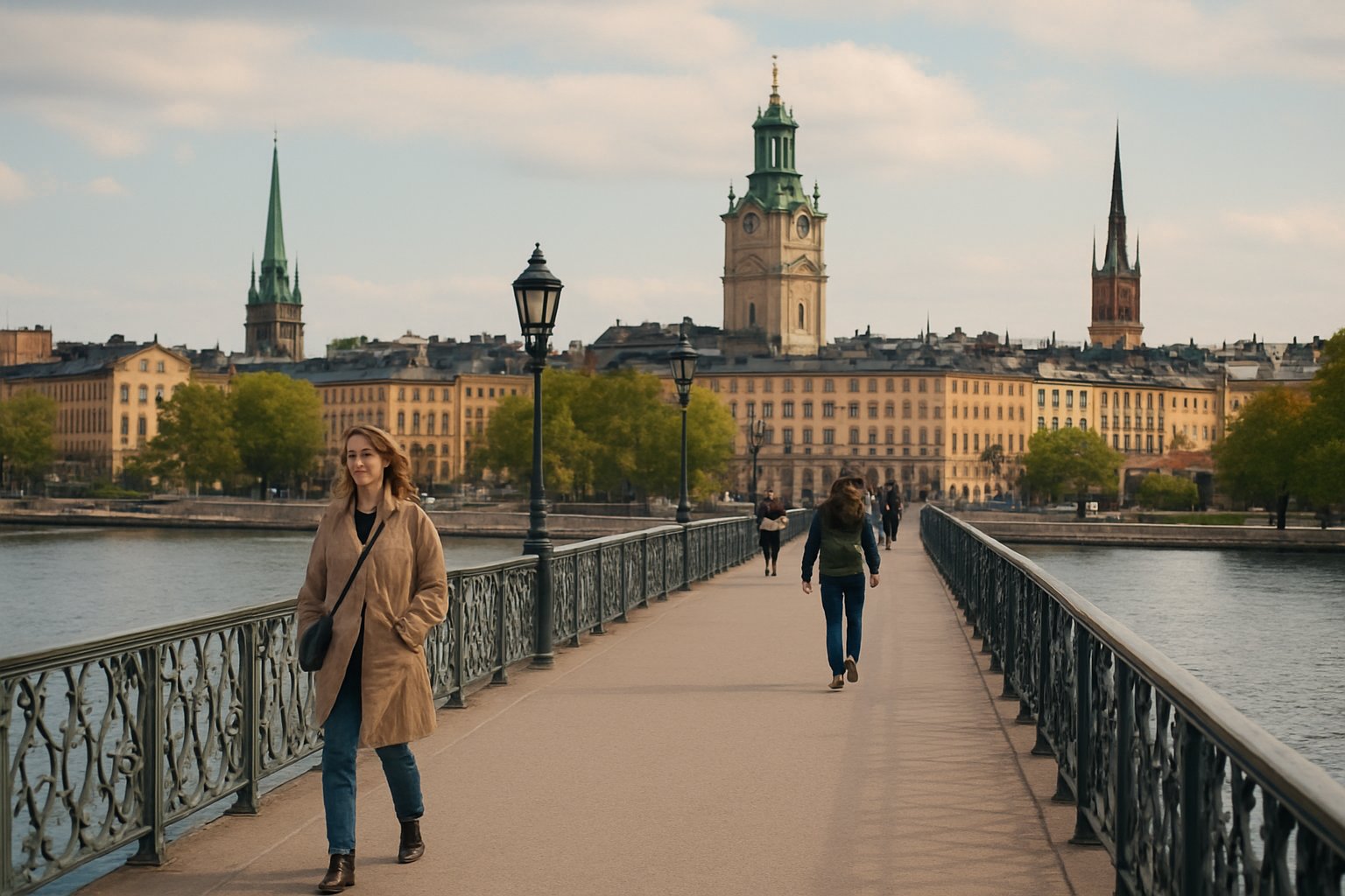 Ponte pedonale Skeppsholmsbron da Kungsträdgården che porta a Skeppsholmen nella luce morbida del giorno, acqua su entrambi i lati e lo skyline centrale di Stoccolma dietro