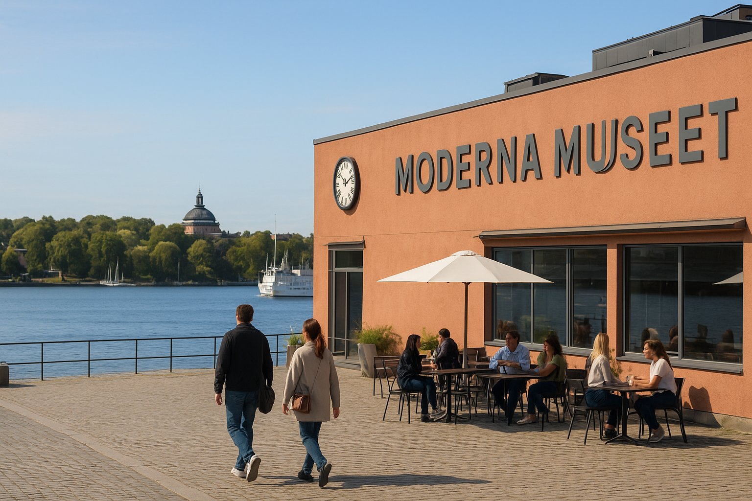 Facciata sul lungomare e terrazza del Moderna Museet su Exercisplan, con il porto e Djurgården visibili oltre nella luce chiara del pomeriggio