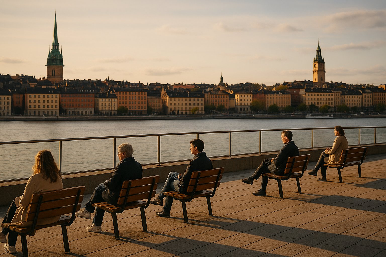Terrazza dell'ArkDes che si affaccia sull'acqua verso Gamla Stan e Södermalm, con panchine e visitatori del museo incorniciati dalla luce del tardo pomeriggio