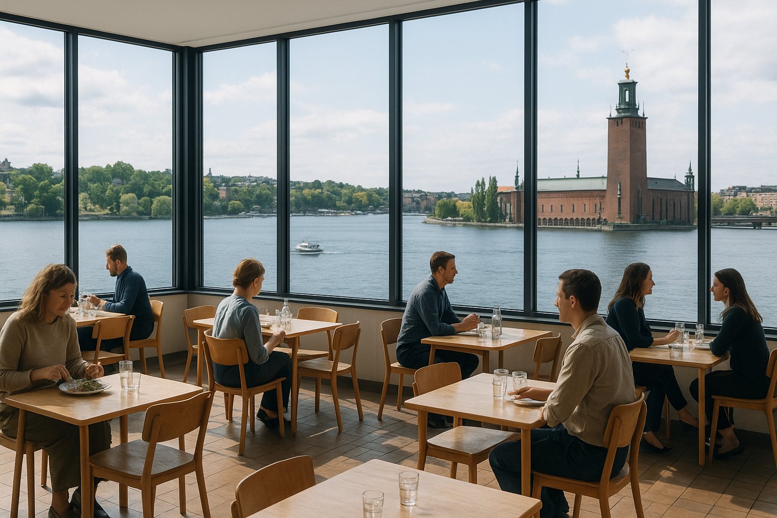 La sala da pranzo del Restaurangen Moderna Museet con finestre a tutta parete sul porto, tavoli da pranzo e l'acqua verso Djurgården oltre