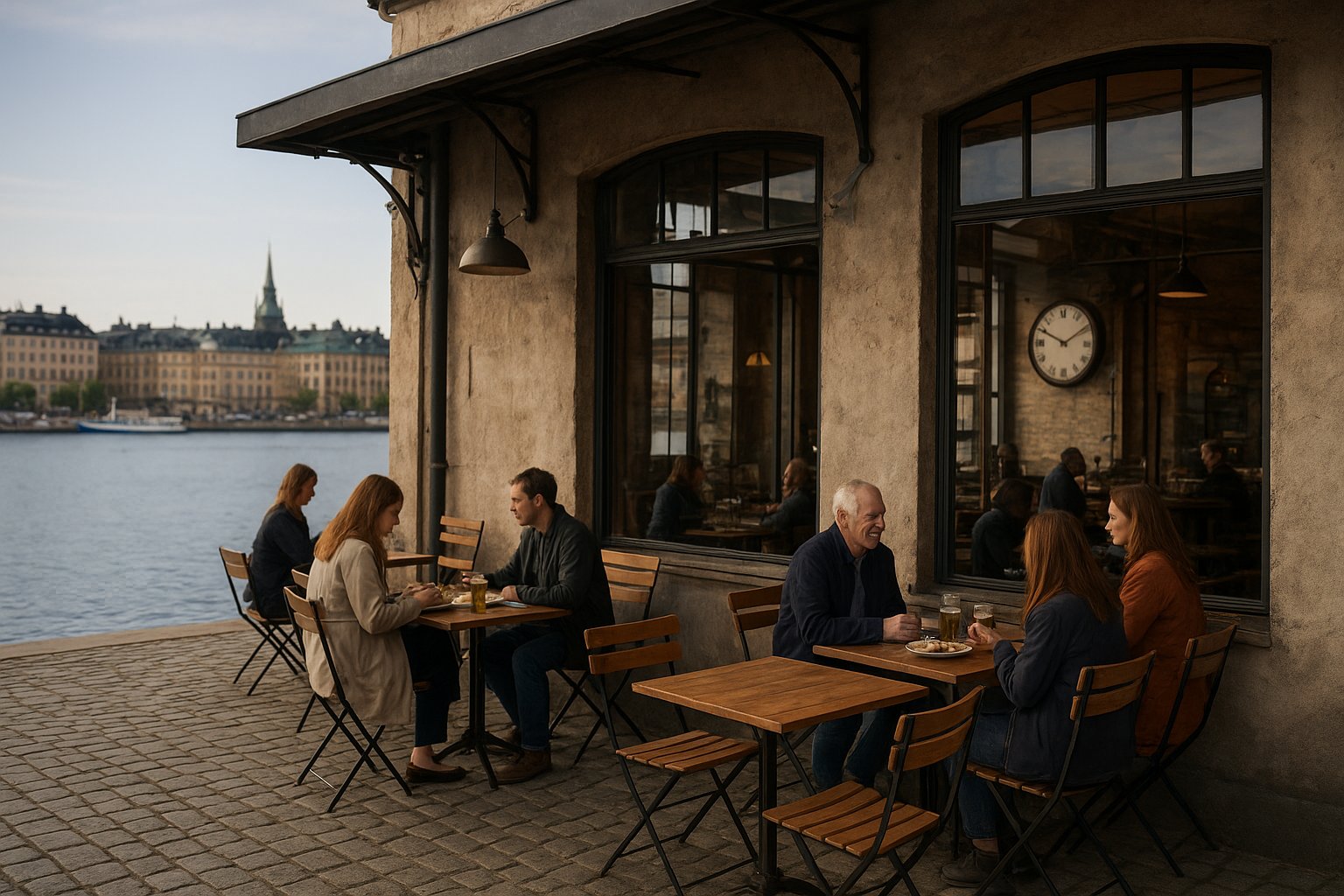 Terrazza sul lungomare di Torpedverkstan su Slupskjulsvägen, con Nybroviken sullo sfondo e l'interno del vecchio laboratorio intraviso dietro il vetro