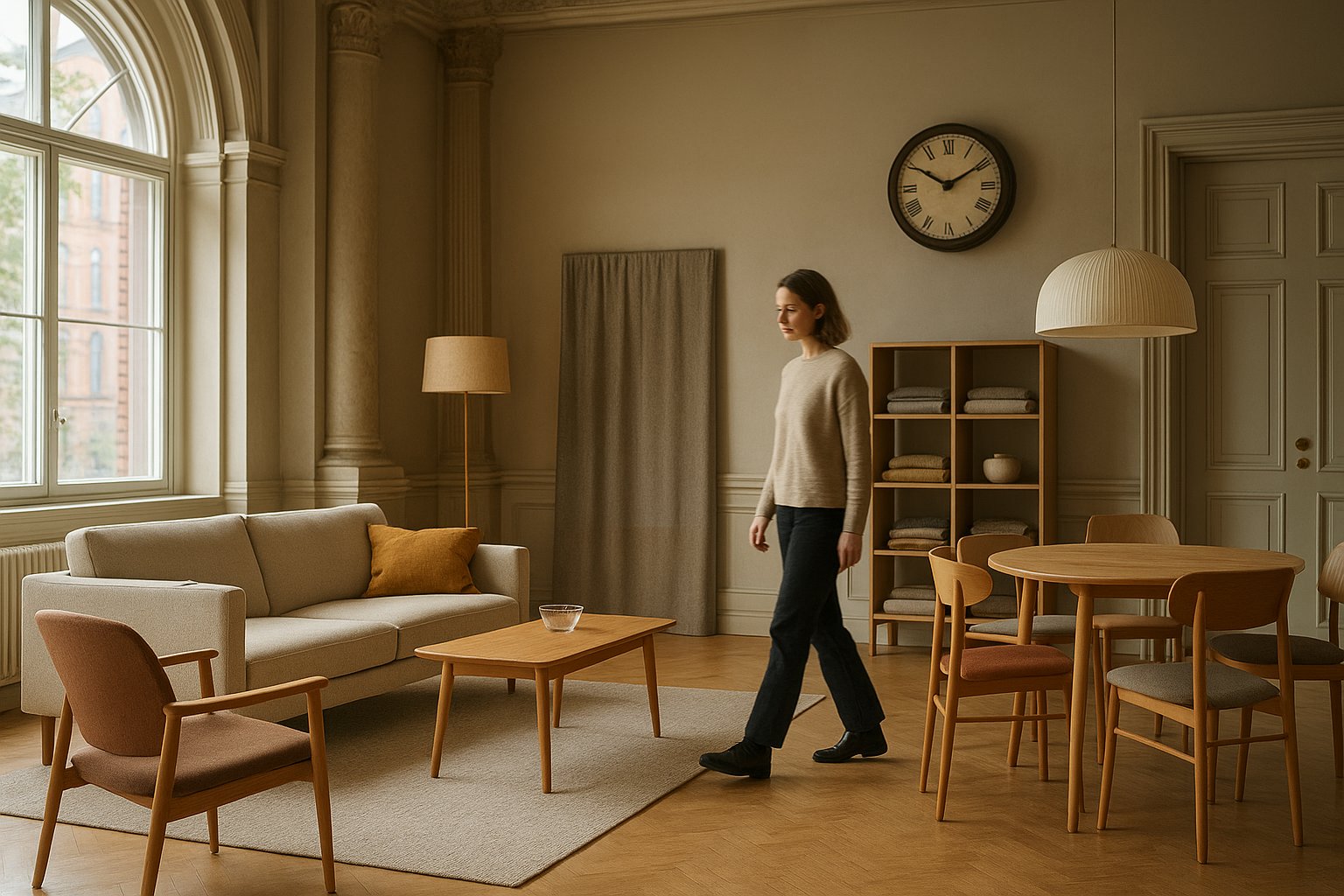 Showroom di House of Gärsnäs all'interno di una cancelleria d'epoca vittoriana, con mobili, tessuti e illuminazione disposti come un vero appartamento