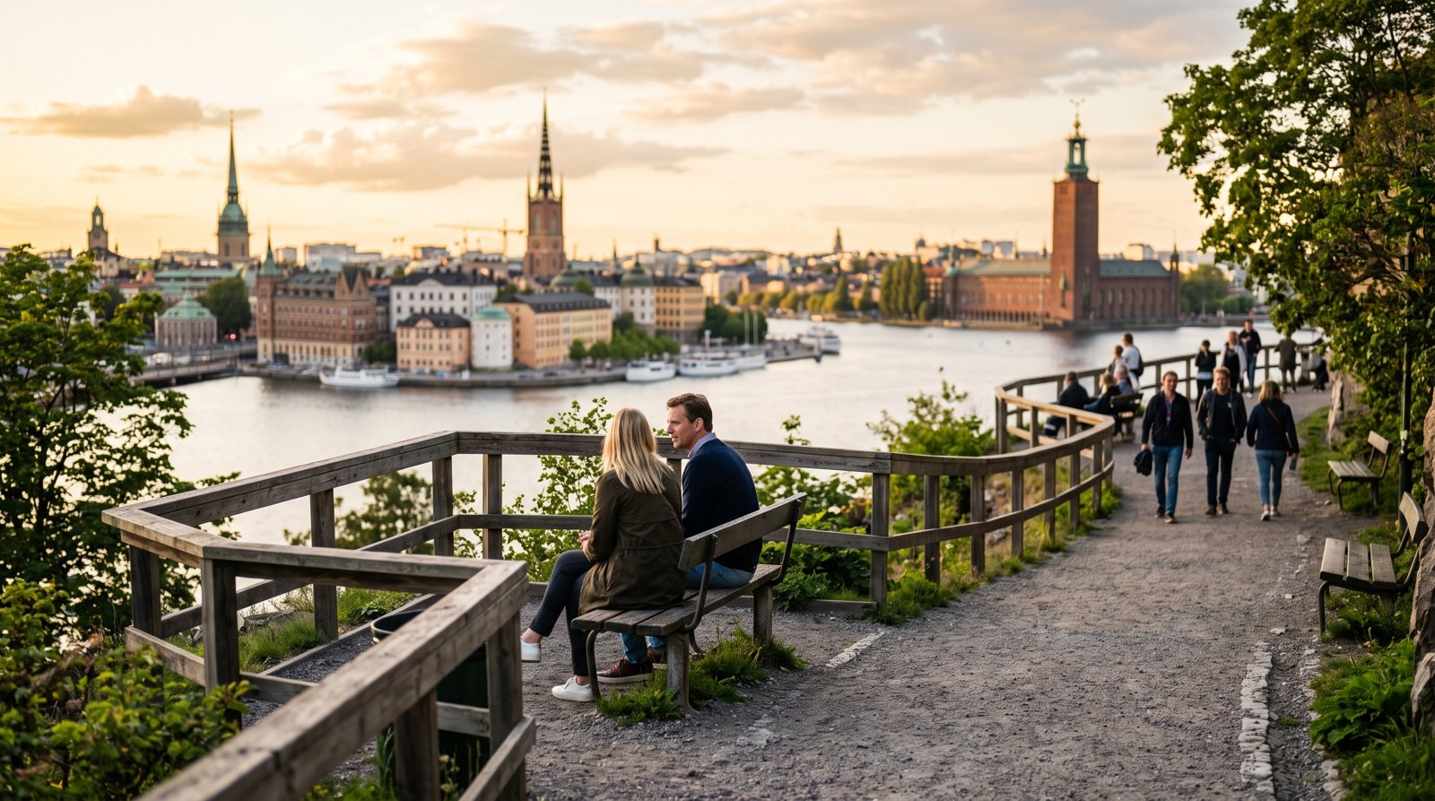 Monteliusvägen na hora dourada, a trilha estreita no penhasco com bancos e pequenos bolsões verdes com vista para Gamla Stan e a Prefeitura do outro lado da água