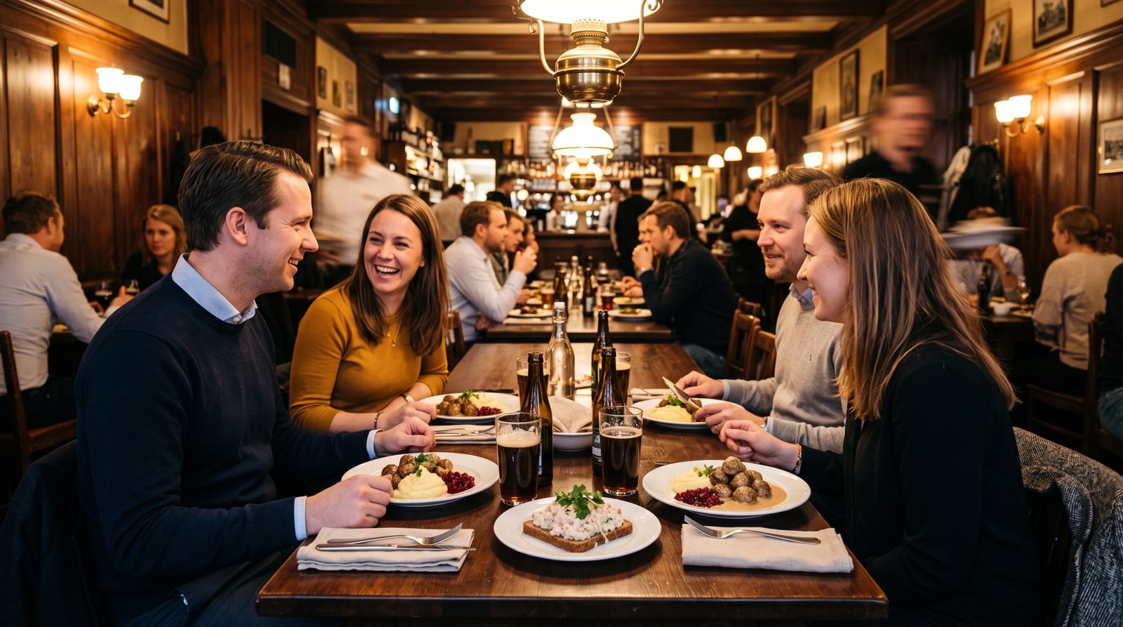 O salão de cerveja de madeira do Pelikan na Blekingegatan, com mesas compridas, luminárias quentes e pratos de almôndegas com molho de creme e gubbröra sobre a mesa