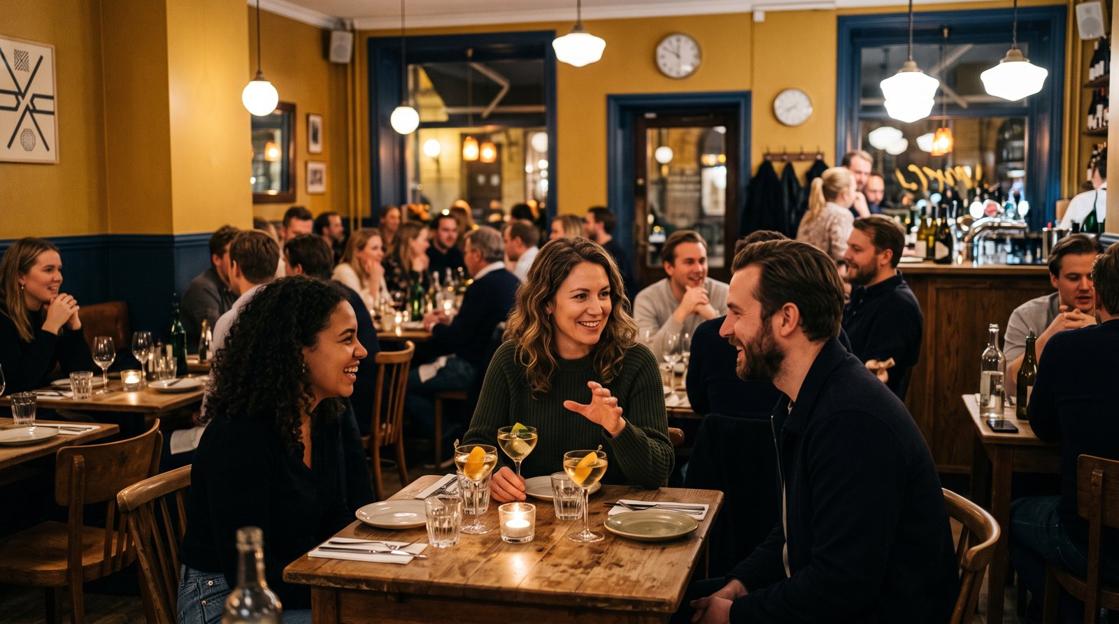 O Ponti na Nytorget 13D, a sala de jantar em mostarda e azul com coquetéis de vermute e um burburinho animado à noite
