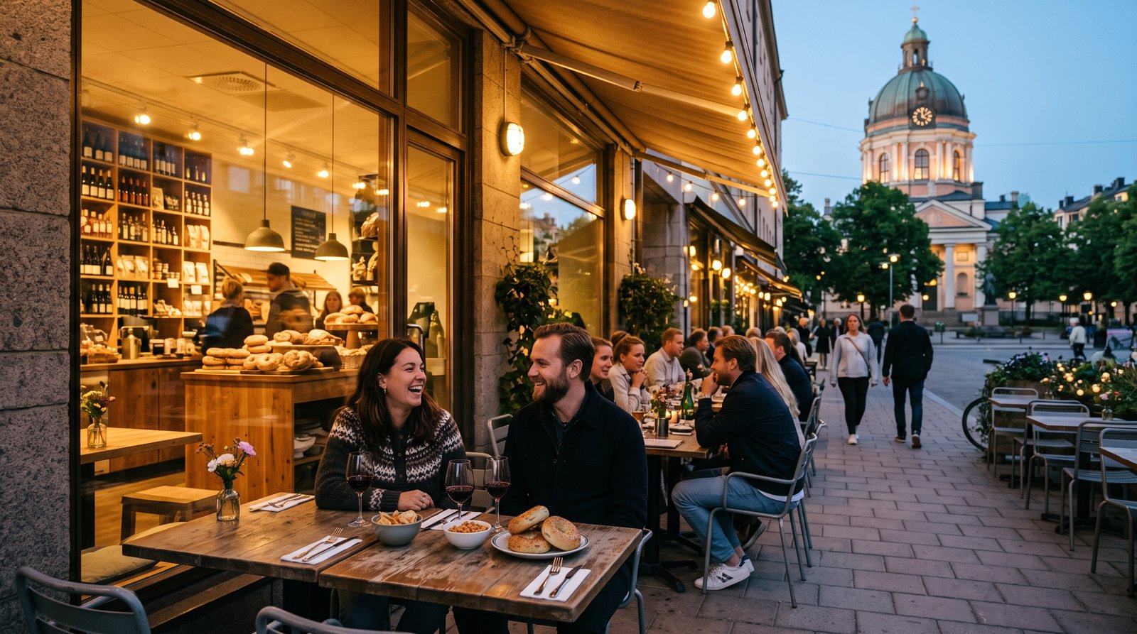 O terraço do Urban Deli Nytorget na calçada ao entardecer, mesas de frente para a Igreja de Sofia, com bagels, taças de vinho e prateleiras do empório visíveis do lado de dentro
