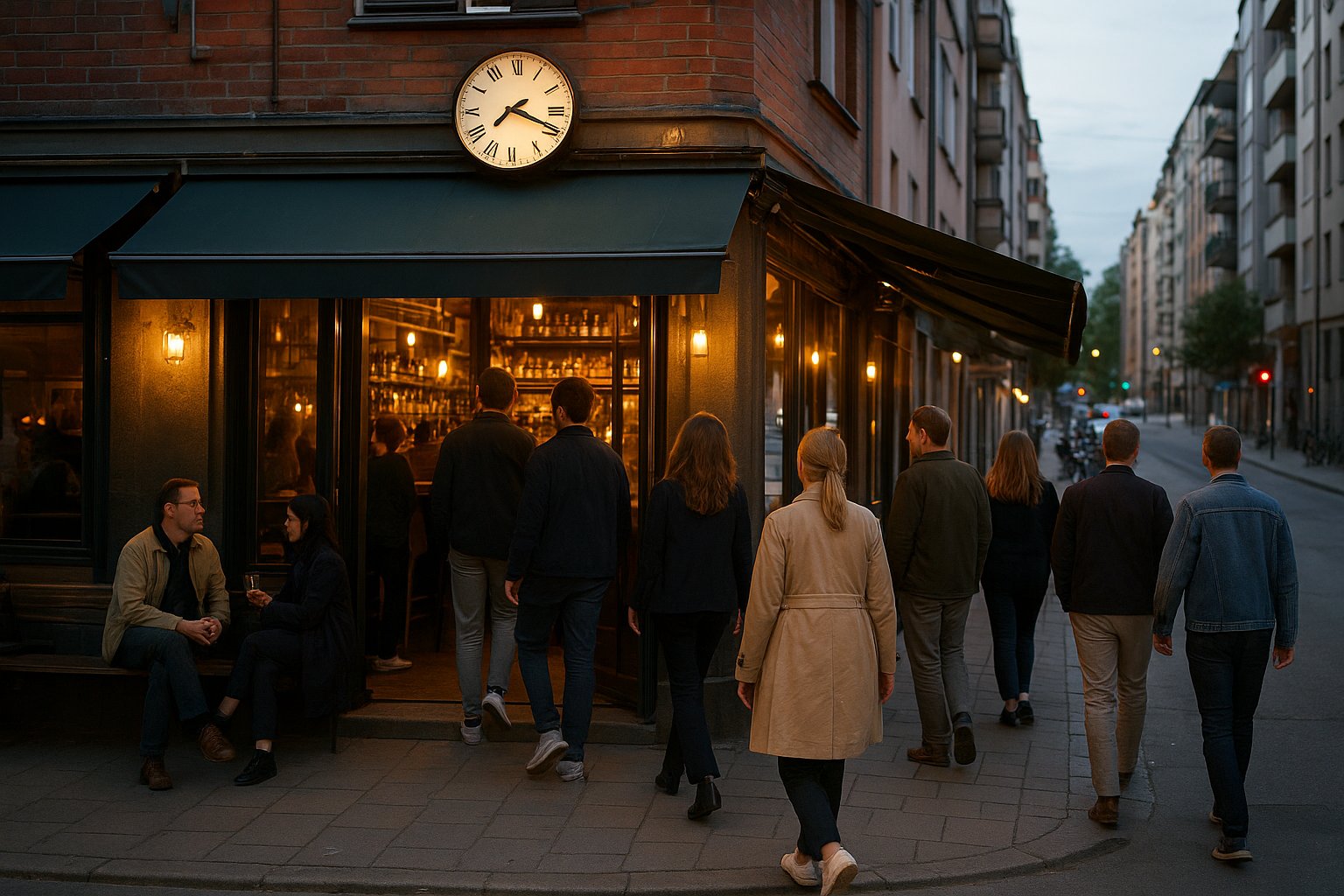 O Tjoget na Hornsbruksgatan no Hornstull, a fachada movimentada do bar perto do metrô com luz da noite e gente chegando para beber
