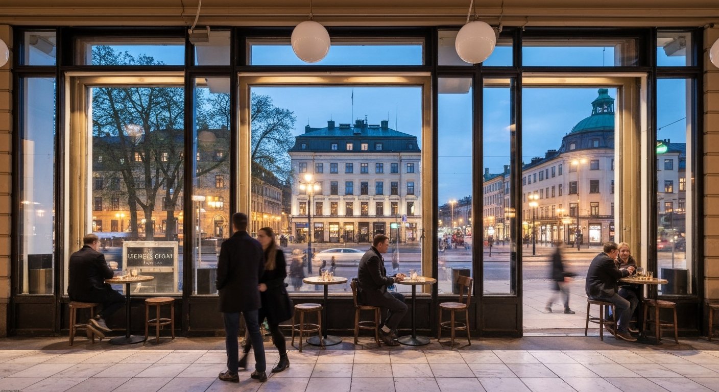 O Hernö Gin Bar na esquina da Götgatan com a Hornsgatan, janelões, pisos de mármore e a vista para Slussen à noite