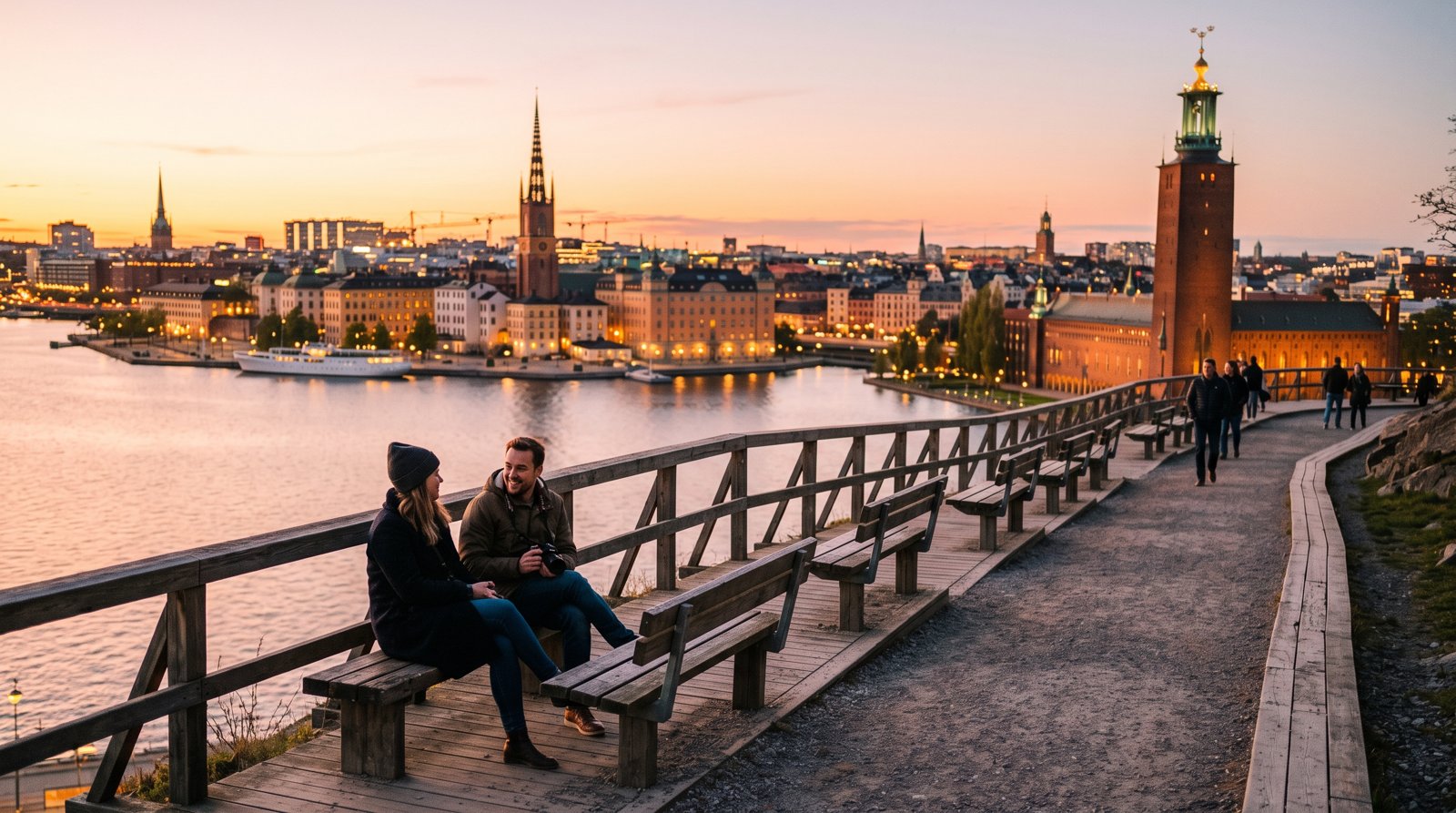 A trilha do penhasco em Monteliusvägen ao pôr do sol, bancos ao longo da grade e Gamla Stan e a Prefeitura brilhando do outro lado da água