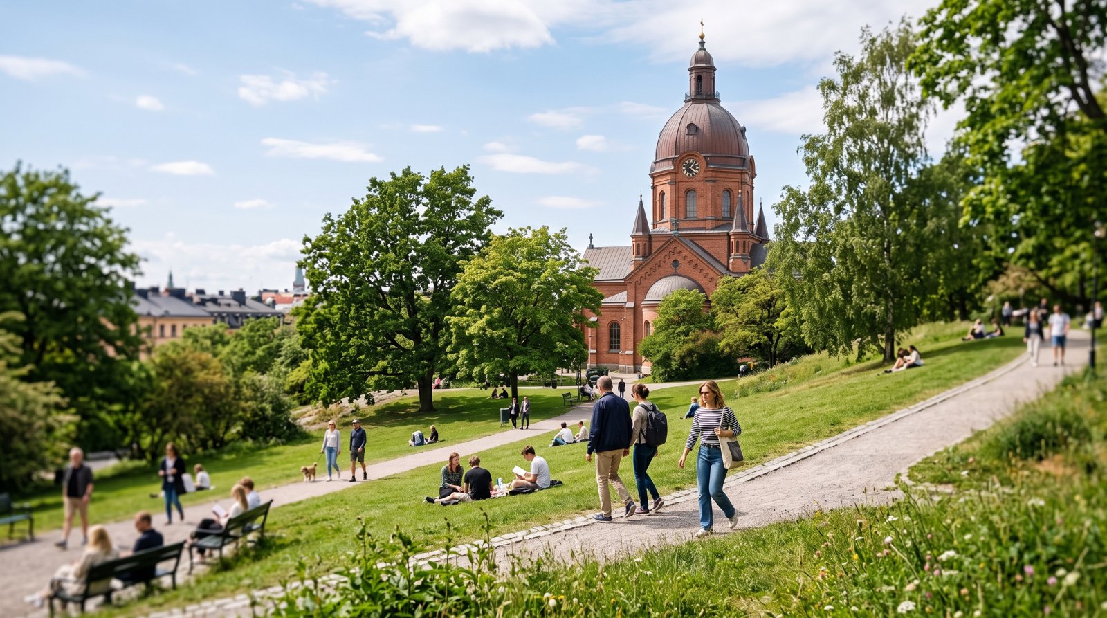 O Vitabergsparken ao redor da Igreja de Sofia numa tarde clara, encostas gramadas, árvores e a igreja se erguendo acima do parque