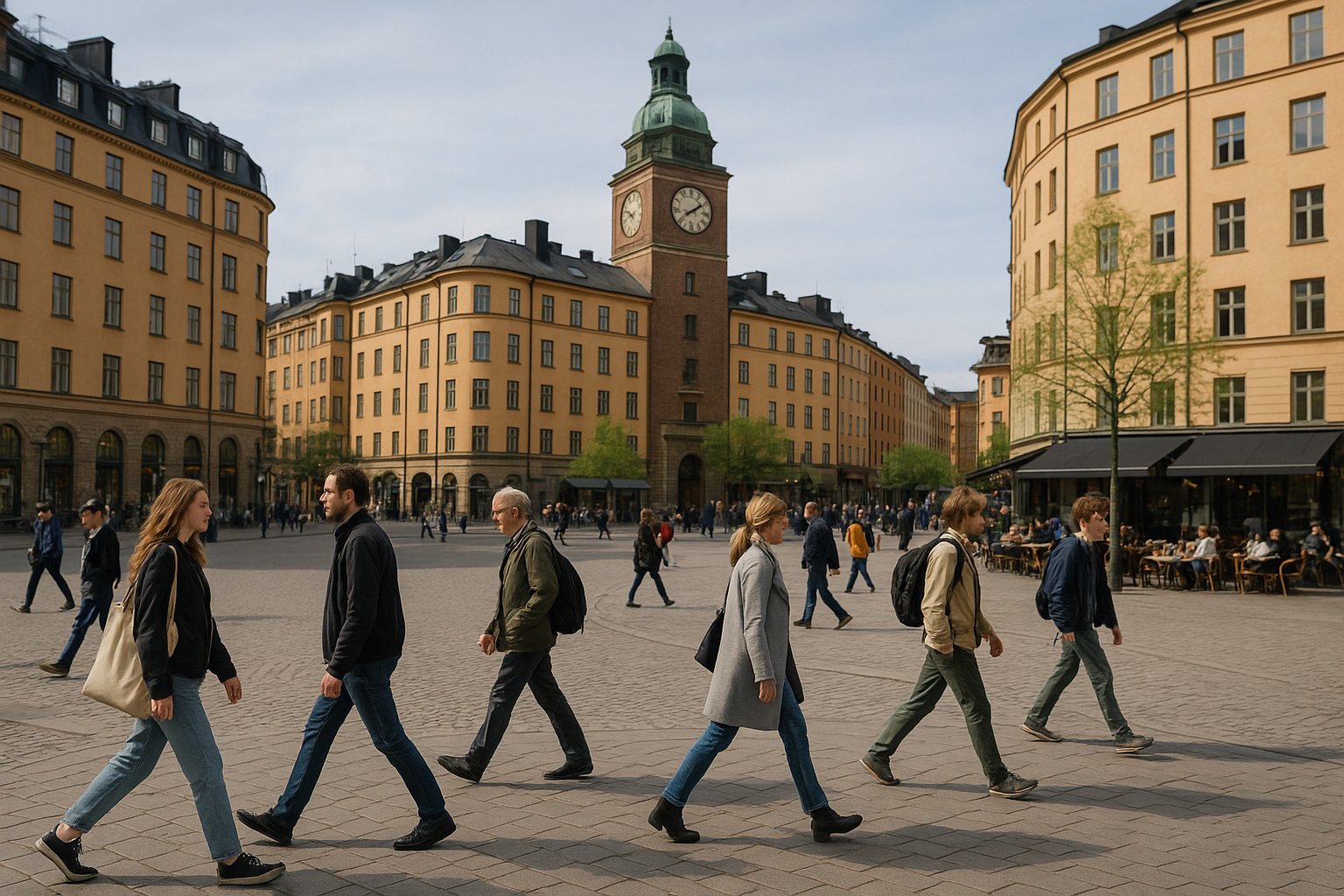 Odenplan torg i Vasastan på dagtid, pendlere krysser det brolagte kollektivknutepunktet med kafeer i kanten og leilighetsbygg som reiser seg rundt
