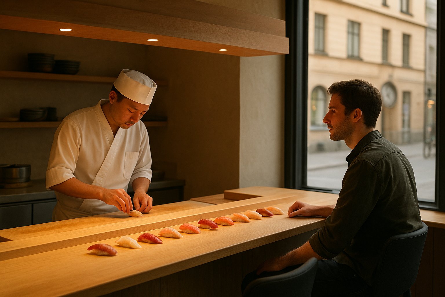 Sushi Shos intime tolv-seters disk på Upplandsgatan, kokk-tilberedt Edomae sushi stilt opp under fokusert diskbelysning