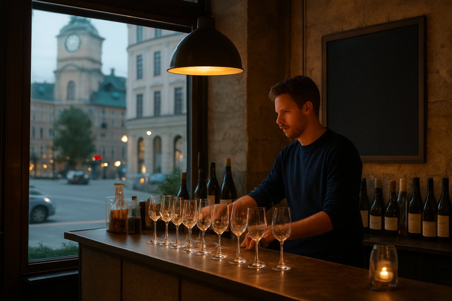 Savant Bar i kveldsmodus, kaffedisk blitt til naturvinbar med mykt belyste glass og en daglig skiftende liste