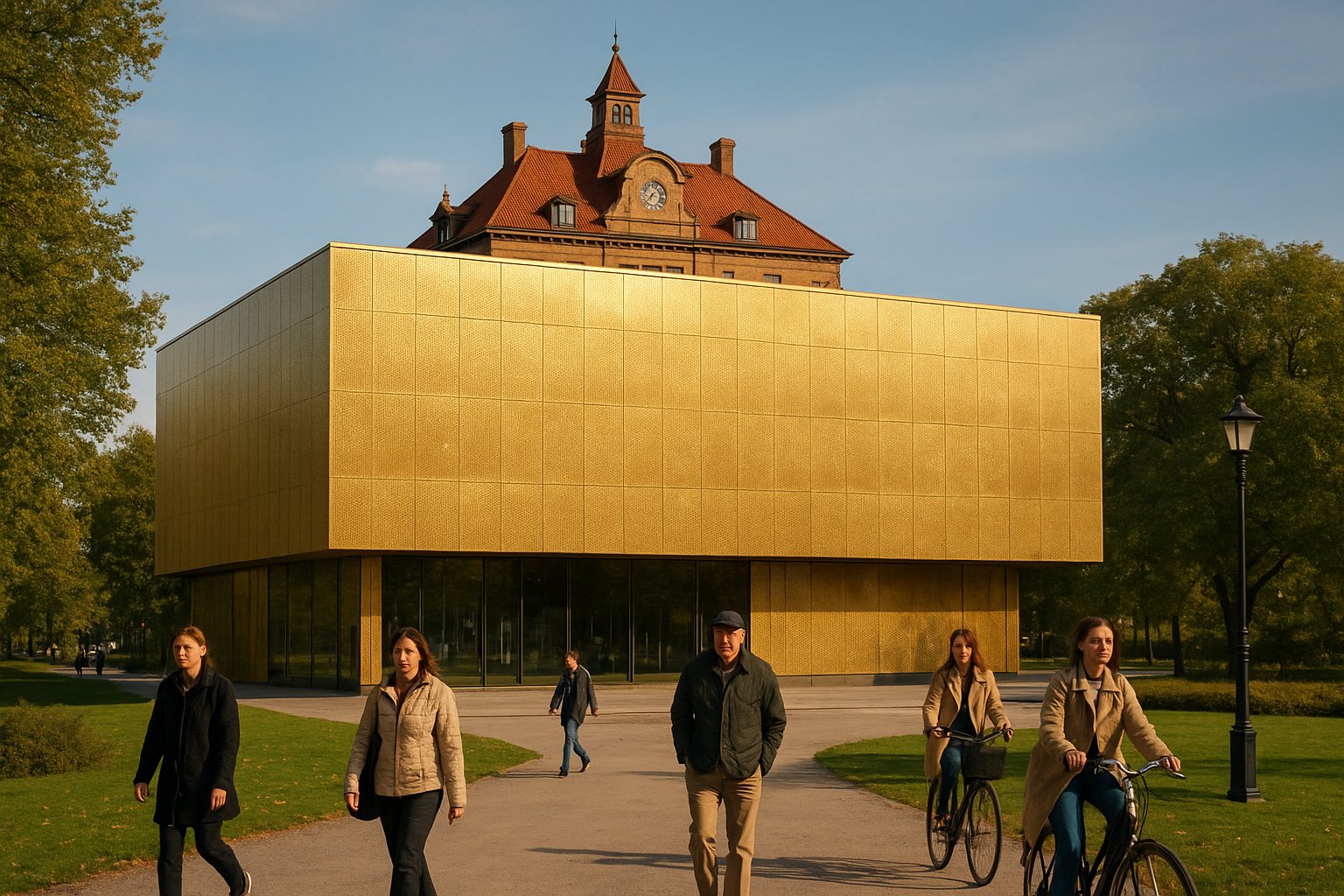 Sven-Harrys konstmuseum i Vasaparken, gulltonet fasade fanger dagslys med herregården på taket synlig over